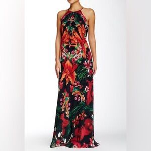 Tropical Halter Maxi Dress in Black and Red